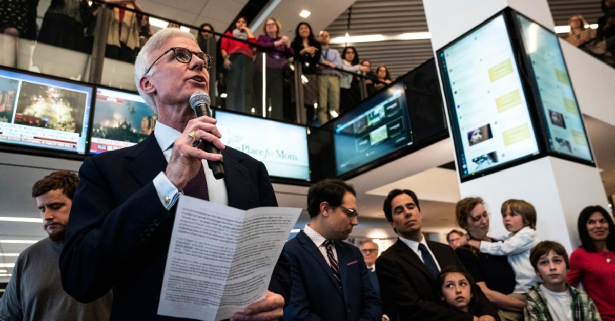 Washington Post publisher Fred Ryan speaks during a 2019 Pulitzer Prize announcement ceremony in the newsroom at the Washington Post office in Washington on Monday, April 15, 2019. (AP Photo)