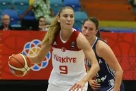 Bahar u00c7au011flar (R) of Turkey in action against Sabina Oroszova (L) of Slovakia during the group stage match of the EuroBasket Women 2017 in Hradec Kralove, Czech Republic.