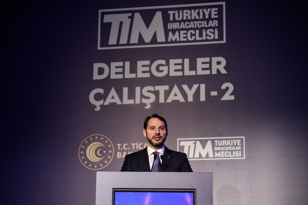 Treasury and Finance Minister Berat Albayrak speaks at the Delegation Workshop of Turkish Exporters' Assembly (Tu0130M) in Istanbul, Feb. 7, 2019.