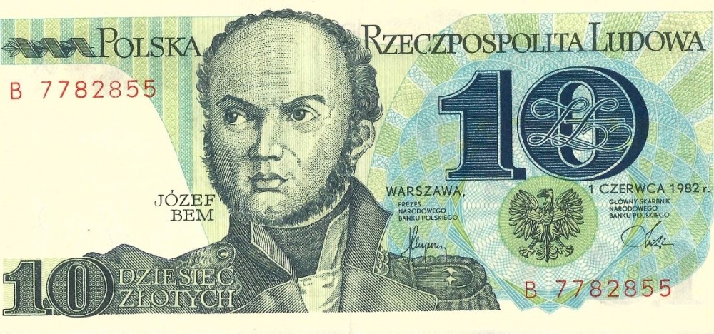 Polish national hero Jozef Bem on a 10 zloty banknote issued in 1950.
