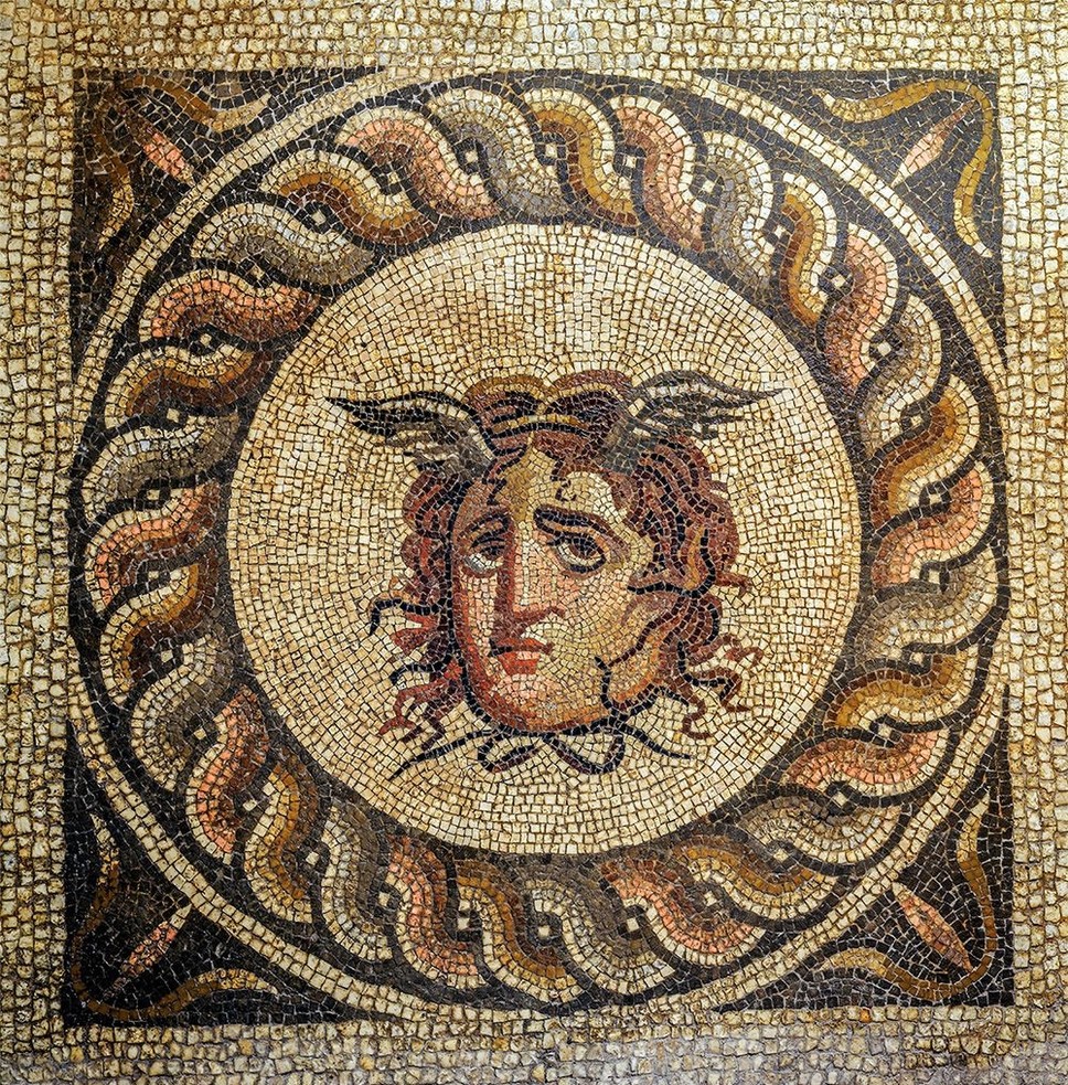 This mosaic portrays Medusa from the Greek mythology.