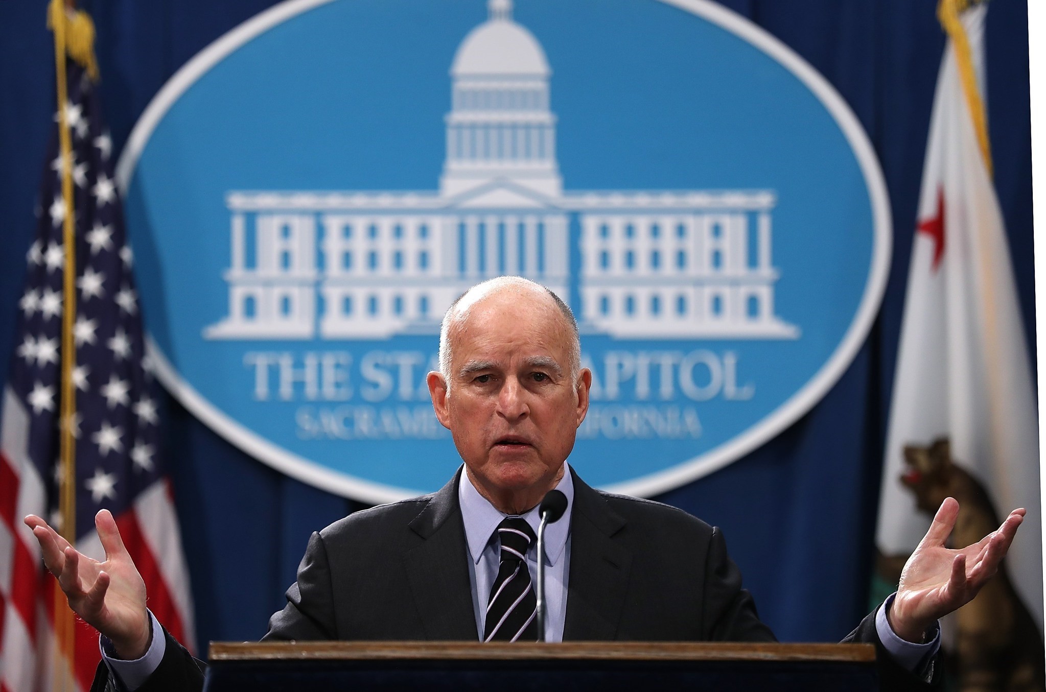 California Gov. Jerry Brown speaks to reporters during a news conference where he revealed his revised California State budget on May 11, 2017. (AP Photo)