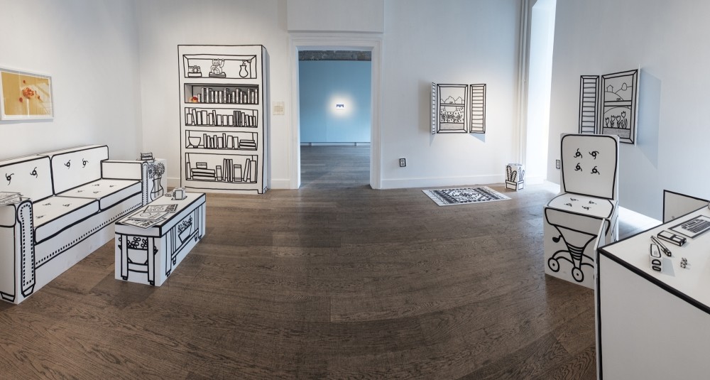 Sunday Morning, a room in Galerist, works seen include ,Home Office, by Saara Untracht-Oakner, (2018, wood, marker, paint, objects of variable dimensions) and ,Untitled, by Ulau015f & Merve (2018, print, 40 x 60 cm), among others.