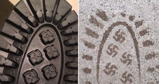 Stiefel einer US-Firma hinterlassen Hakenkreuz-Abdrücke am Boden