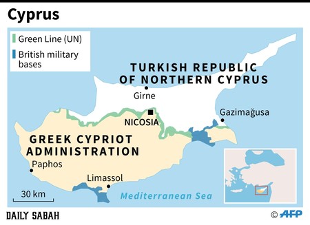 Map of the eastern Mediterranean island of Cyprus, divided since 1974 when Turkey, a guarantor country, intervened after a Greek coup seeking to unite the island with Greece.