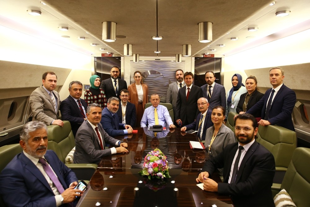 President Recep Tayyip Erdou011fan with members of the Turkish press on the presidential plane on his way back from Bosnia-Herzegovina.