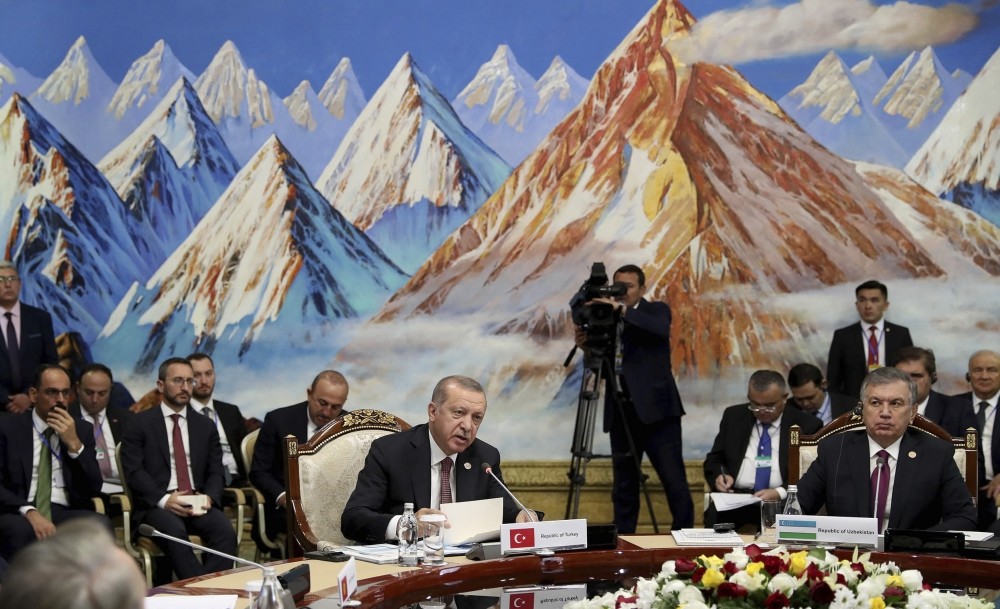 President Recep Tayyip Erdou011fan, center, speaks during the 6th Summit of Turkic Council at Rukh Ordo Cultural Center in Kyrgyzstan, Sept. 3.