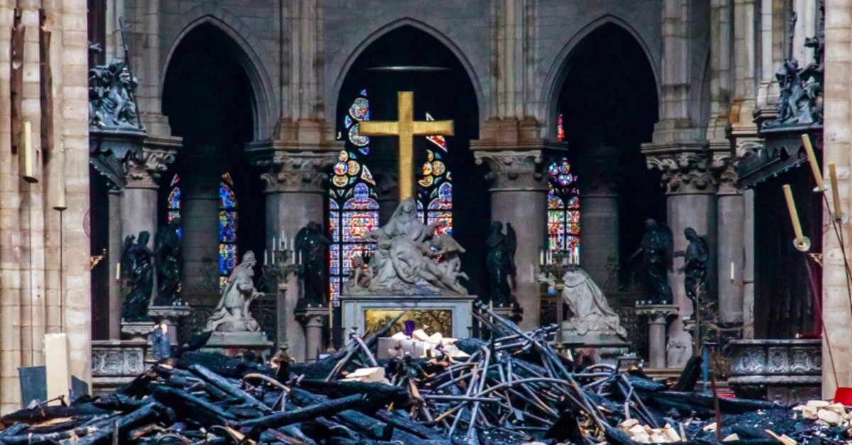 Debris are seen inside Notre Dame cathedral in Paris, Tuesday, April 16, 2019. (Pool via AP)