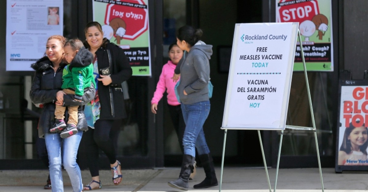 In this March 27, 2019 file photo, signs advertising free measles vaccines and information about measles are displayed at the Rockland County Health Department, in Pomona, N.Y. (AP Photo)