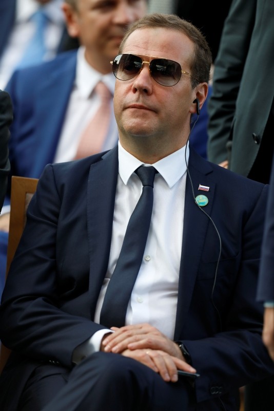 Russian Prime Minister Dmitry Medvedev attends a ceremony for President Erdoğan, at the Presidential Complex in Ankara, Turkey, Monday, July 9, 2018.