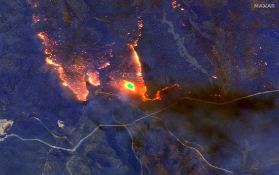 This Jan. 4, 2020, satellite infrared closeup image shows wildfires east of Orbost, Australia. (Satellite image ©2020 Maxar Technologies / AFP)