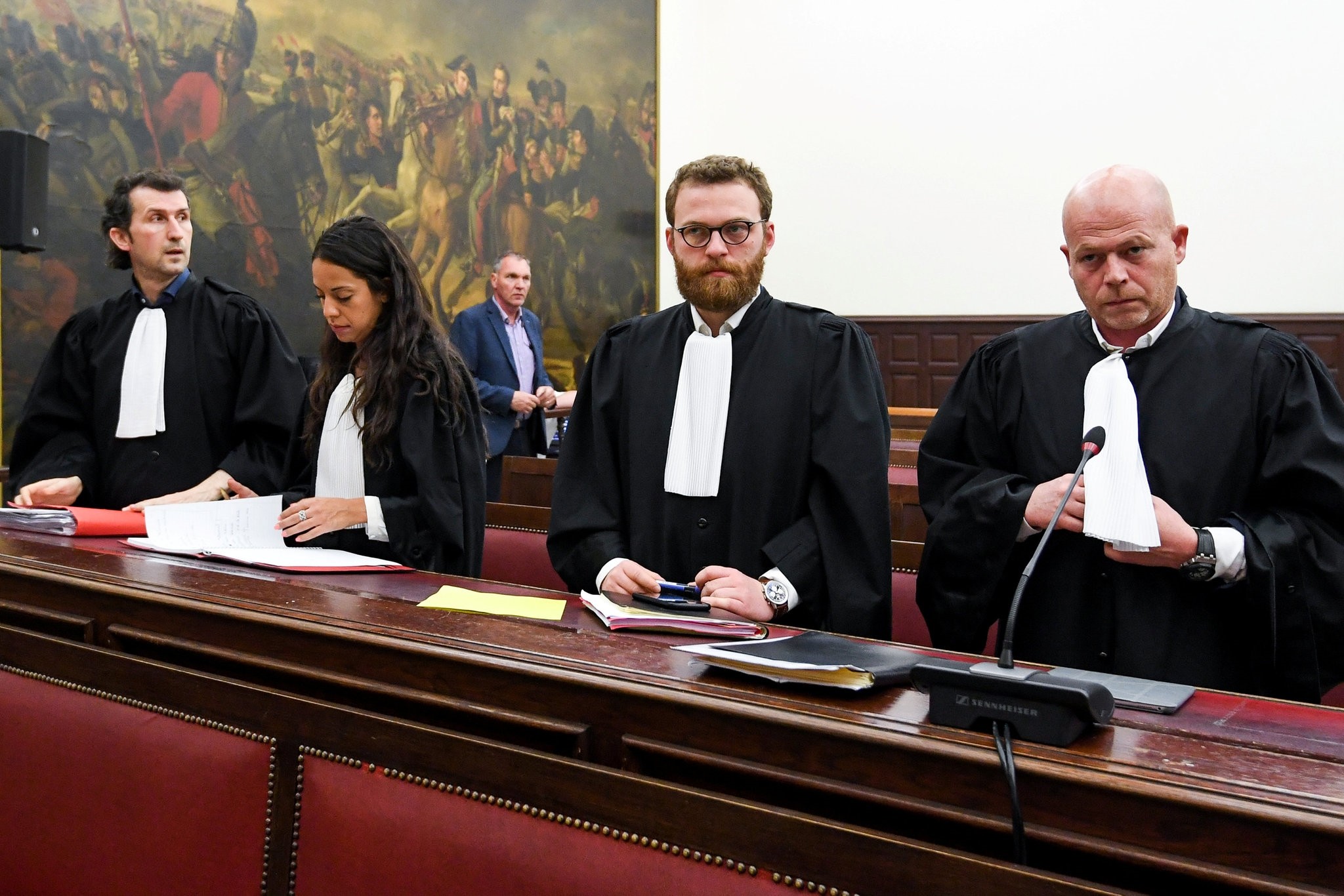Sven Mary and Romain Delcoigne, Belgian lawyers representing Salah Abdeslam, look on in the courtroom prior to announcement of the sentence in the trial of Abdeslam and co-defendant Sofien Ayari, in Brussels, Belgium April 23, 2018 (Reuters Photo)