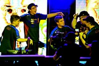 Team eUnited celebrates after they defeated 100 Theives at the Call of Duty World League Championship, California, Aug. 16.