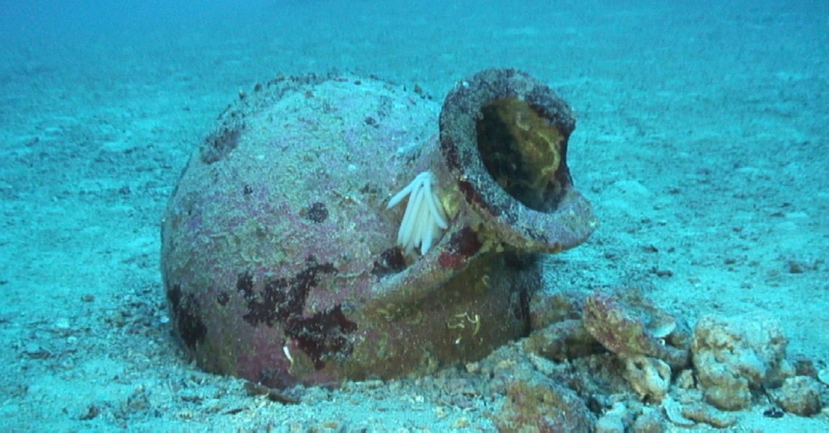 In this undated photo provide by PRM Nautical Foundation on Friday, July 12, 2019, an amphora which dates from between the 7th and 5th centuries BC stands underwater near the shores of the Karaburun peninsula, Albania (AP Photo)