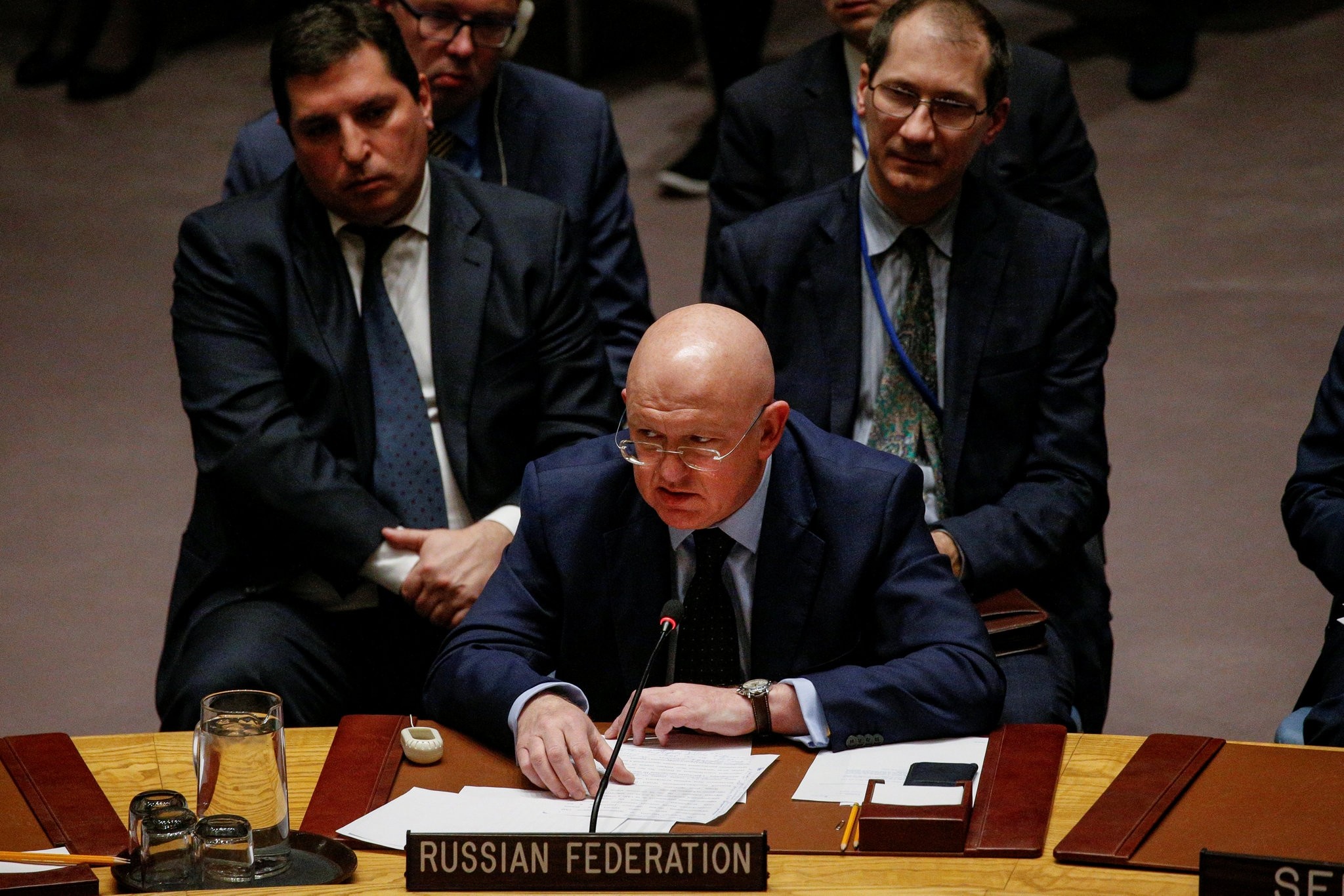 Russian Ambassador to the United Nations Vasily Nebenzya addresses the United Nations Security Council about an international inquiry into chemical weapons attacks in Syria. (REUTERS Photo)