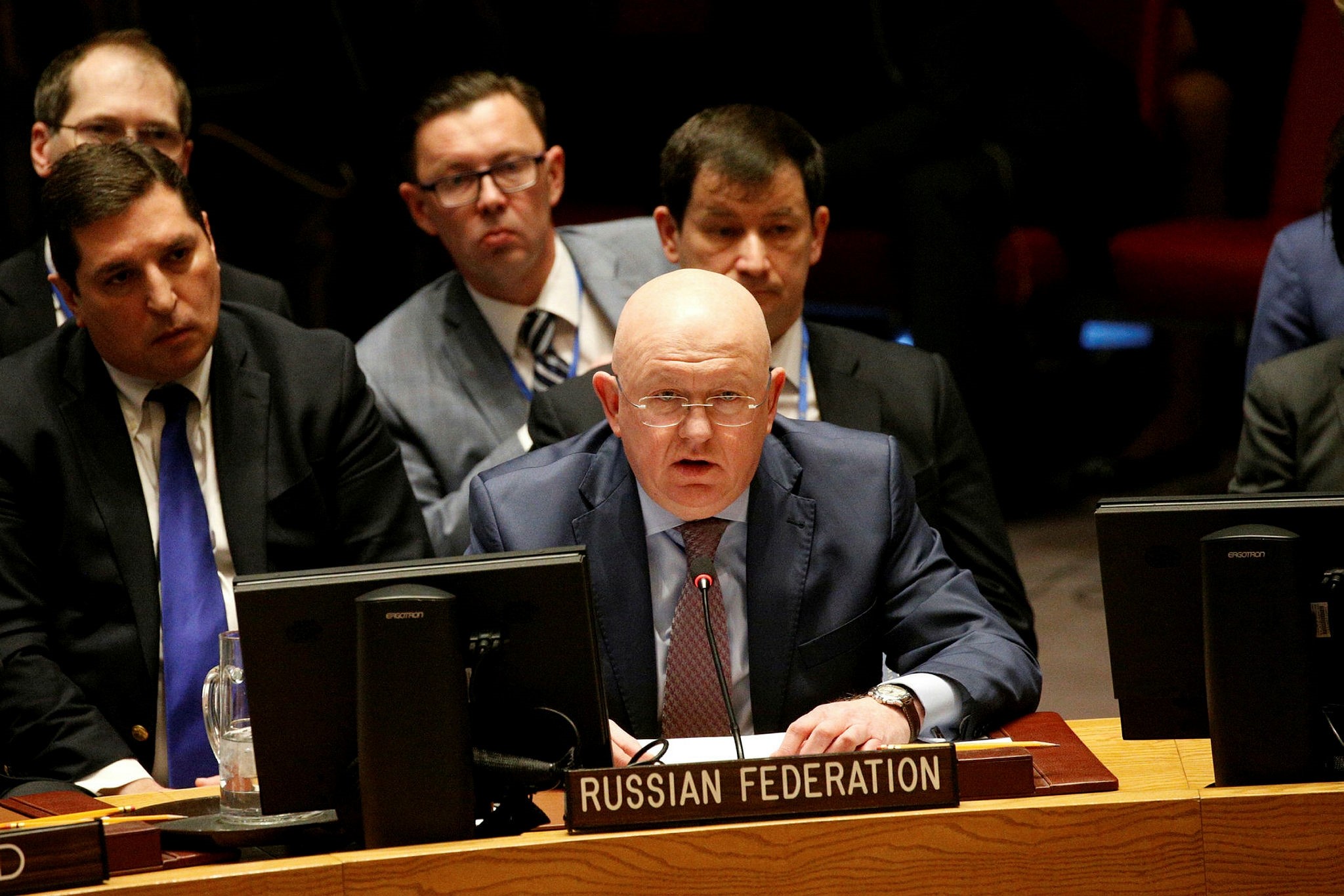 Russian Ambassador to the United Nations Vasily Nebenzya addresses the United Nations Security Council meeting on Syria at the U.N. headquarters in New York, U.S., April 9, 2018. (Reuters Photo)