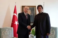 President Recep Tayyip Erdo?an shakes hands with Pakistani Prime Minister Imran Khan, Islamabad, Pakistan, Feb. 14, 2020. (AA Photo)