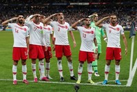 Turkish players salute after Kaan Ayhan celebrates scoring their first goal against France, Saint-Denis, Oct. 14, 2019. (REUTERS Photo) 
