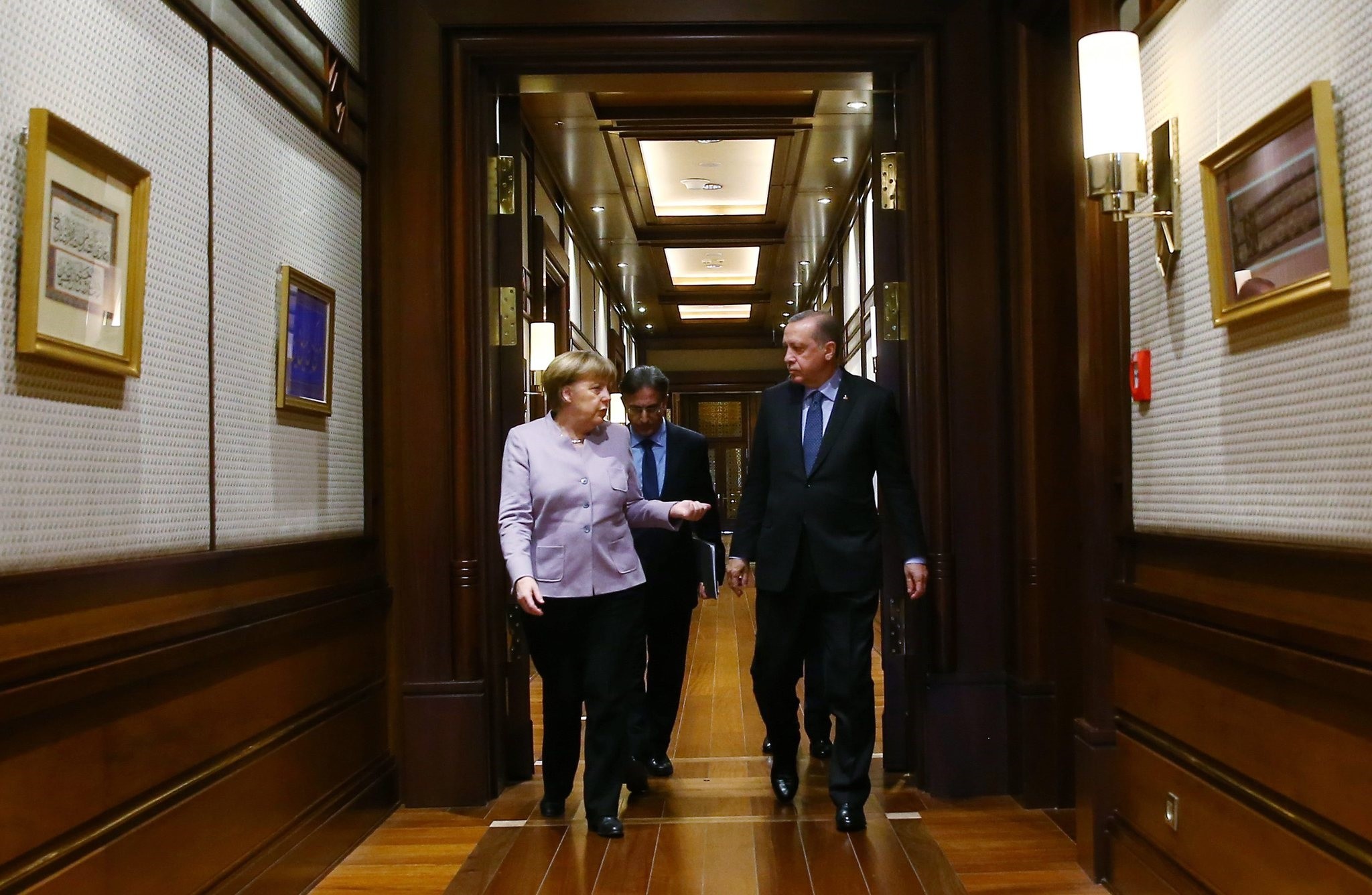 President Recep Tayyip Erdou011fan and German Chancellor Angela Merkel arrive for a press statement after a meeting in Ankara, Feb. 2. 