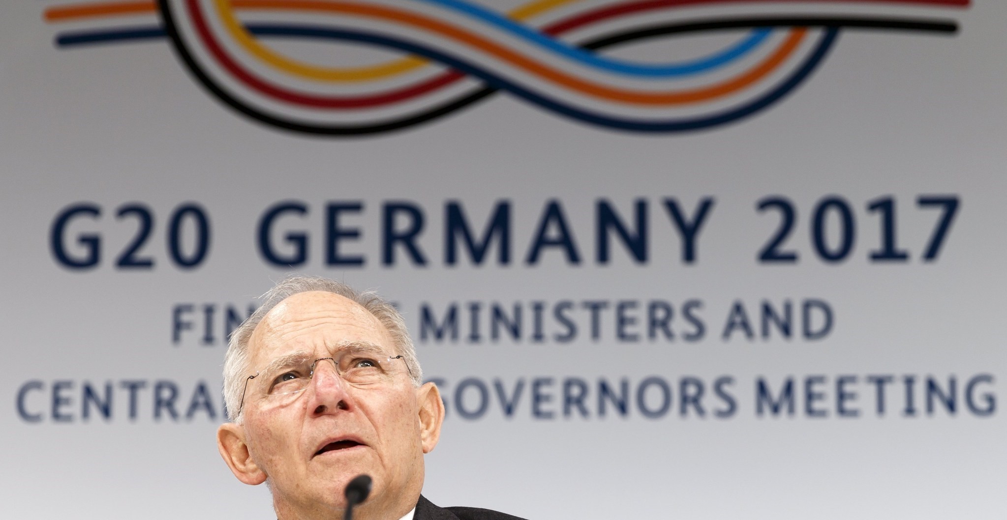 German Finance Minister Wolfgang Schaeuble speaks during a press conference during the G20 Finance Ministers and Bank Governors meeting in Baden Baden.