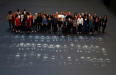 Volunteers stand after lying down on the heat sensitive Hyundai Commission artwork, Our Neighbours, by Cuban artist Tania Bruguera in the Turbine Hall of Tate Modern, in London, Britain, October 1, 2018. (REUTERS Photo)