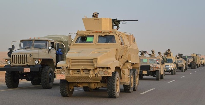 In this undated handout photo made available Feb. 9, 2018, Egyptian Army's Armored Vehicles are seen on a highway to North Sinai during a launch of a major assault against militants in Ismailia, Egypt. (Egypt's Ministry of Defense via Reuters)