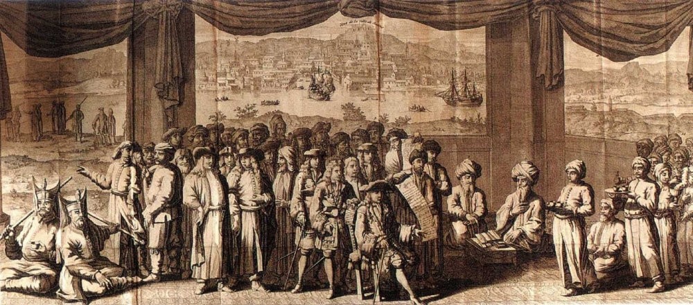 A drawing of an Ottoman court with both Ottoman and Europe.