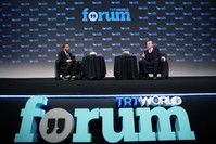 President Recep Tayyip Erdou011fan(R) speaks at the TRT World Forum and answers questions from Fatih Er(L), the TRT World News Coordinator.