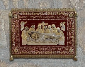 Epitaph cover from Aghios Athanasios Cathedral, silk, silver and gold-plated metal, attributed to a workshop in Istanbul, 19th century.
