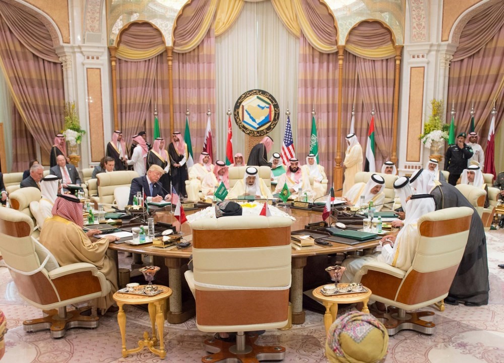 The leaders of the the Gulf Cooperation Council (GCC) and U.S. President Donald Trump seen attending the opening session of the GCC summit, Riyadh, Saudi Arabia, May 21.