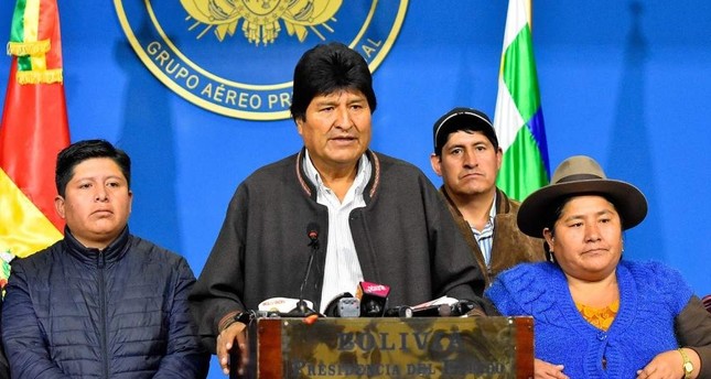 Bolivian President Evo Morales (2-L) delivers a statement in El Alto, Bolivia. (EPA Photo)