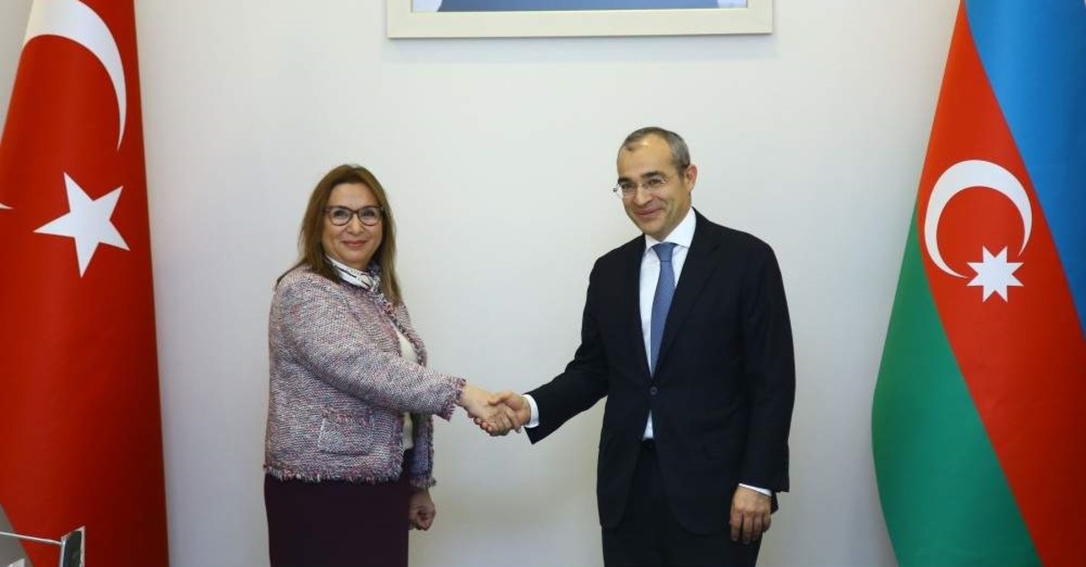 Trade Minister Ruhsar Pekcan (L) and her Azerbaijani counterpart Mikayil Jabbarov shake hands before a meeting in Baku, Dec. 26, 2019. (AA Photo)
