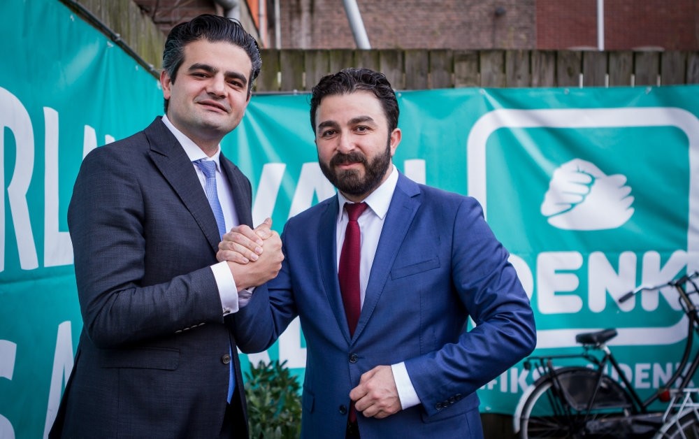 The leader of DENK party Tunahan Kuzu (L) with deputy Selu00e7uk u00d6ztu00fcrk say their party will deal with Netherland's social problems in addition to Islamophobia, far-right.