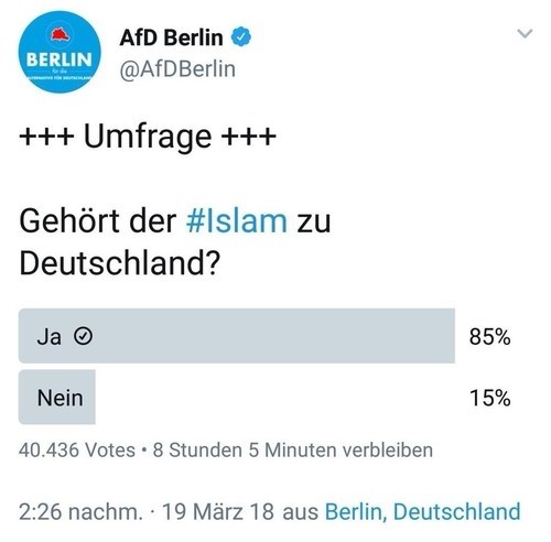 حزب البديل الألماني يحذف استطلاعا للرأي عن الإسلام بعد نتائج لا تتوافق مع رؤيته 1 حزب البديل الألماني يحذف استطلاعا للرأي عن الإسلام بعد نتائج مغايرة لموقفه