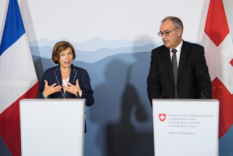 French Minister of the Armed Forces, Florence Parly, (L), next to Swiss Federal Councilor Guy Parmelin (R), speaks during a press conference near Bern, Switzerland. (EPA Photo)