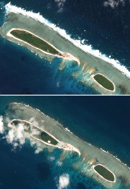 Combination of satellite photos shows Chinese-controlled North Island, part of the Paracel Islands group in the South China Sea, on February 15, 2017 (top) and on March 6, 2017.