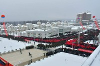 This picture taken on Dec. 2, 2019, released by North Korea's official Korean Central News Agency (KCNA), shows a ceremony to mark the completion of the construction of the township of Samjiyon County. (via AFP)