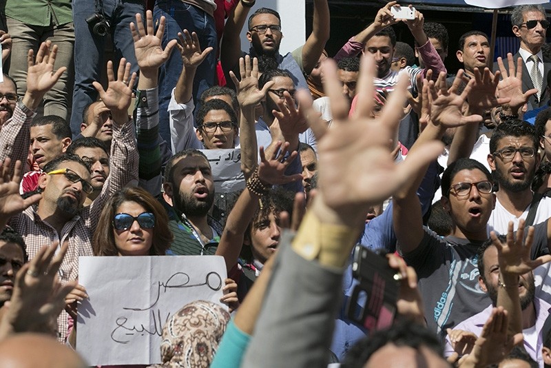 In this April 15, 2016 file photo, Egyptians shout slogans against Egyptian President Abdel-Fattah el-Sissi during a protest against the decision to hand over control of two strategic Red Sea islands to Saudi Arabia (AP Photo)