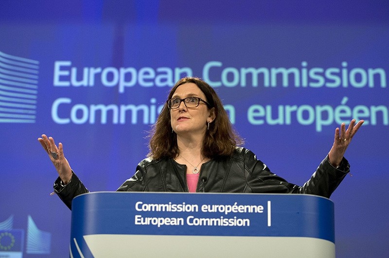 European Commissioner for Trade Cecilia Malmstroem speaks during a media conference at EU headquarters in Brussels on Wednesday, March 7, 2018 (AP Photo)