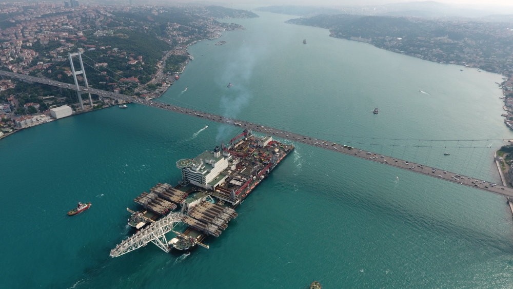 The Pioneering Spirit vessel, which carries out the construction of the TurkStream natural gas pipeline's offshore section, transits Istanbul's Bosporus.