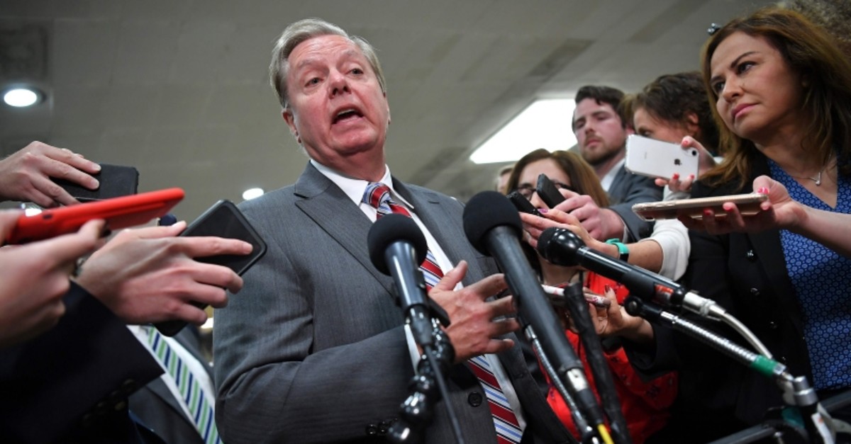 In this file photo taken on May 21, 2019, U.S. Senator from South Carolina Lindsey Graham gives a statement after closed-door briefing on Iran in the auditorium of the Capitol Visitors Center in Washington, DC. (AFP Photo)