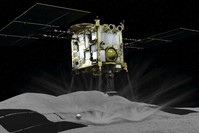 A computer graphic handout image shows Japan Aerospace Exploration Agency's Hayabusa 2 probe touches down on an asteroid, in this image released by Japan Aerospace Exploration Agency and obtained by Reuters on February 22, 2019. 