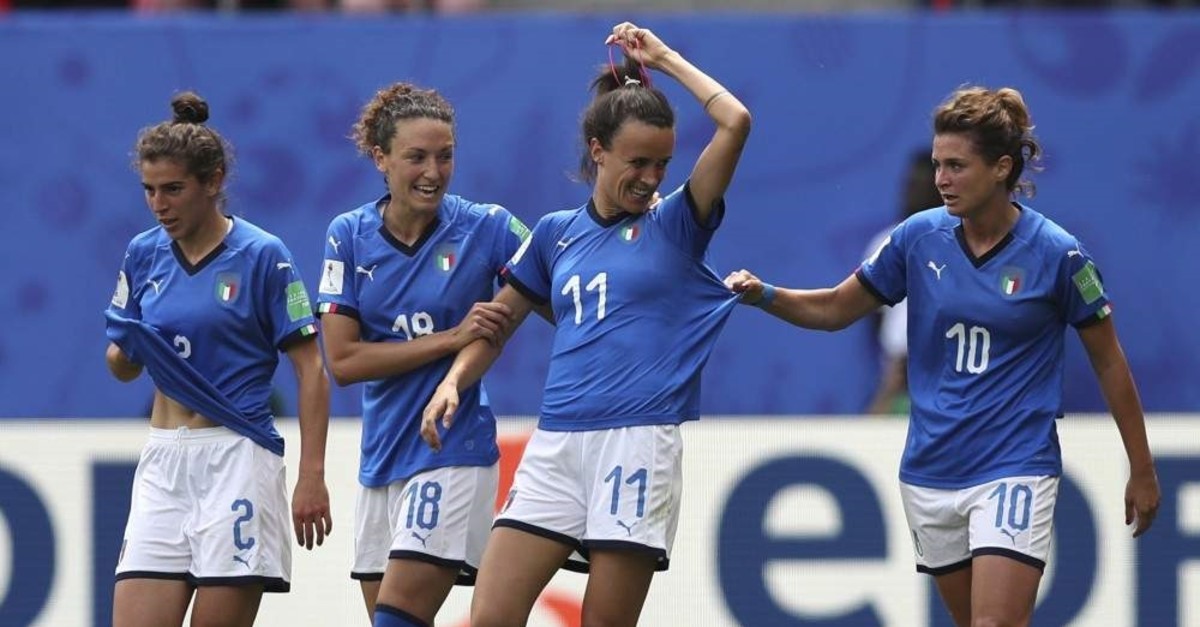  Italy's Barbara Bonansea, second from right, celebrates with teammates after scoring her side's first goal during a Women's World Cup match against Australia, Valenciennes, France, June 9, 2019. (AP Photo)
