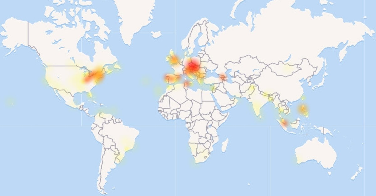 Screengrab from downdetector.com map showing major outages of Facebook, April 14, 2019.