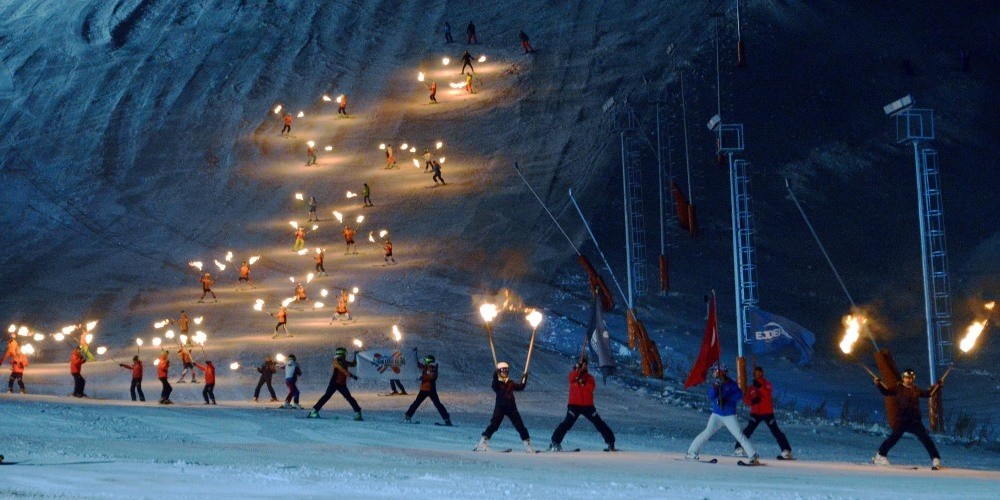 Skiers put on a show with torches in their hands during the season opening of the Palandu00f6ken Ski Resort.