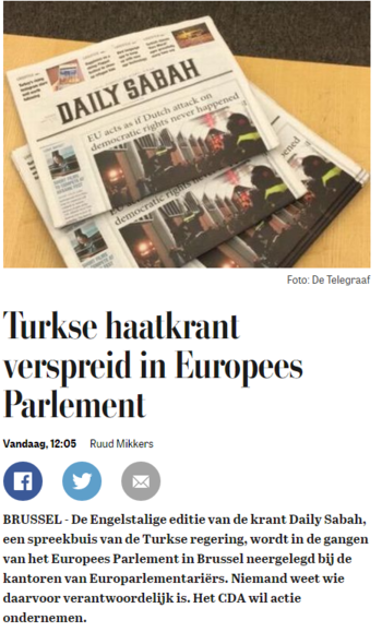 De Telegraaf's title accusing Daily Sabah of spreading hate