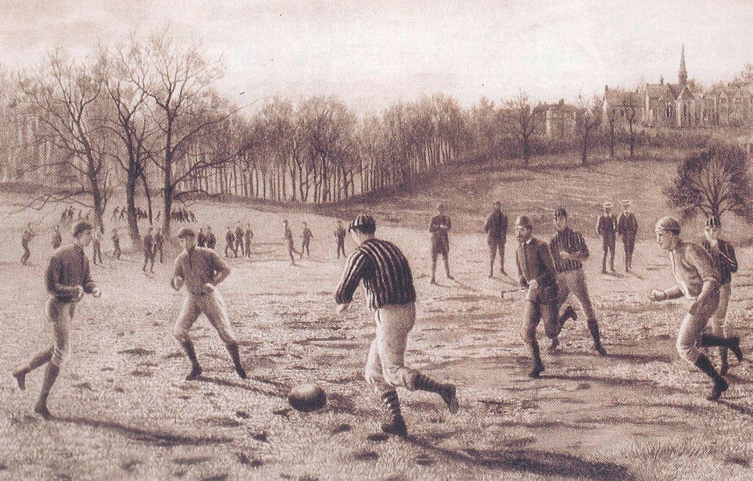 A drawing of people playing football in 19th century England by an anonymous artists.