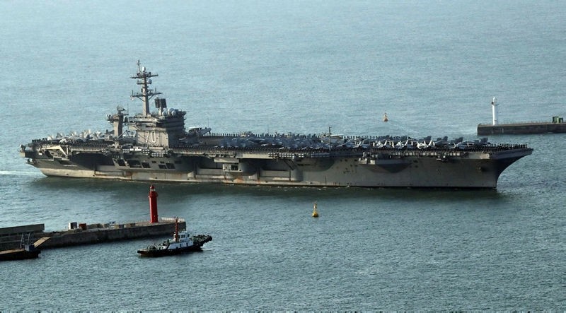 The USS Carl Vinson supercarrier arrives at a port in Busan, South Korea, March 15. (EPA Photo)